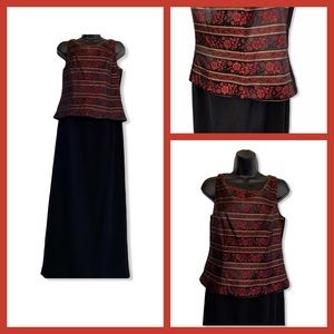 Jessica Howard Vintage Long Sleeveless Brocade Metallic Thread Faux 2 Piece Look